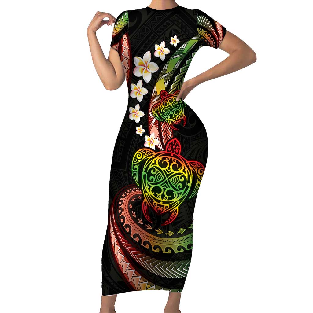 Hawaii Turtles Plumeria Family Matching Short Sleeve Bodycon Dress and Hawaiian Shirt Reggae Polynesian Pattern