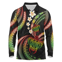 Hawaii Turtles Plumeria Long Sleeve Polo Shirt Reggae Polynesian Pattern