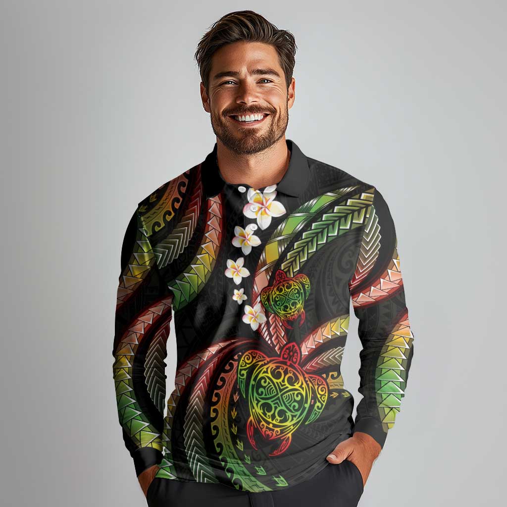 Hawaii Turtles Plumeria Long Sleeve Polo Shirt Reggae Polynesian Pattern