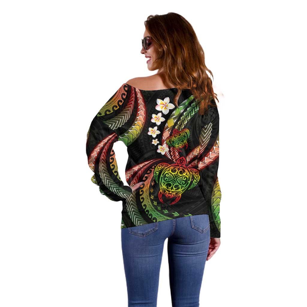 Hawaii Turtles Plumeria Off Shoulder Sweater Reggae Polynesian Pattern