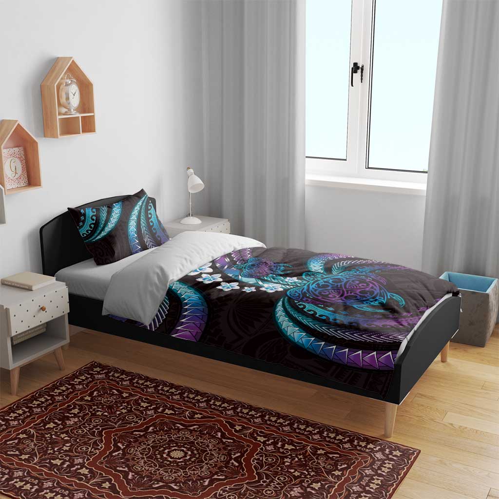 Hawaii Turtles Plumeria Bedding Set Amethyst Gradient Polynesian Pattern