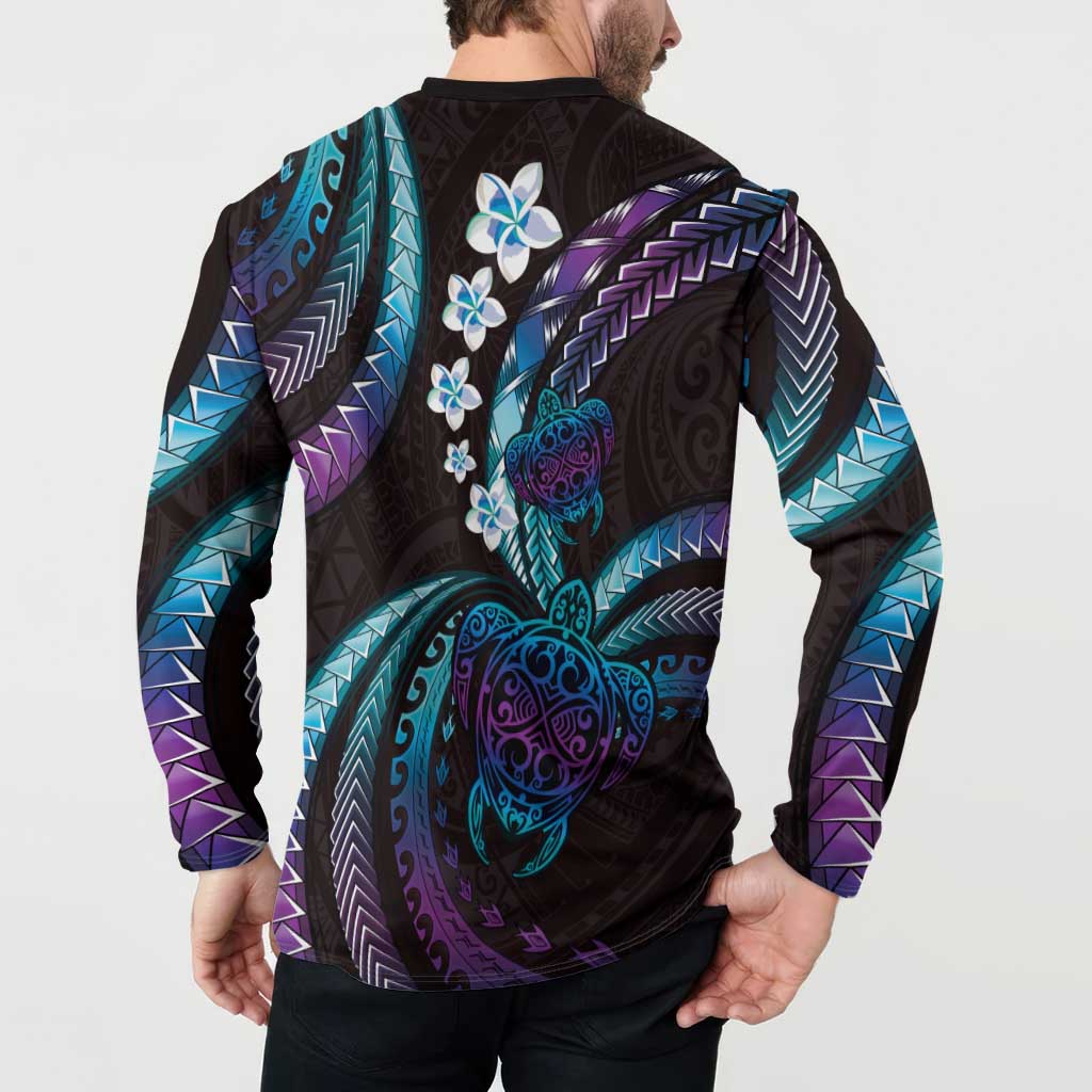 Hawaii Turtles Plumeria Button Sweatshirt Amethyst Gradient Polynesian Pattern