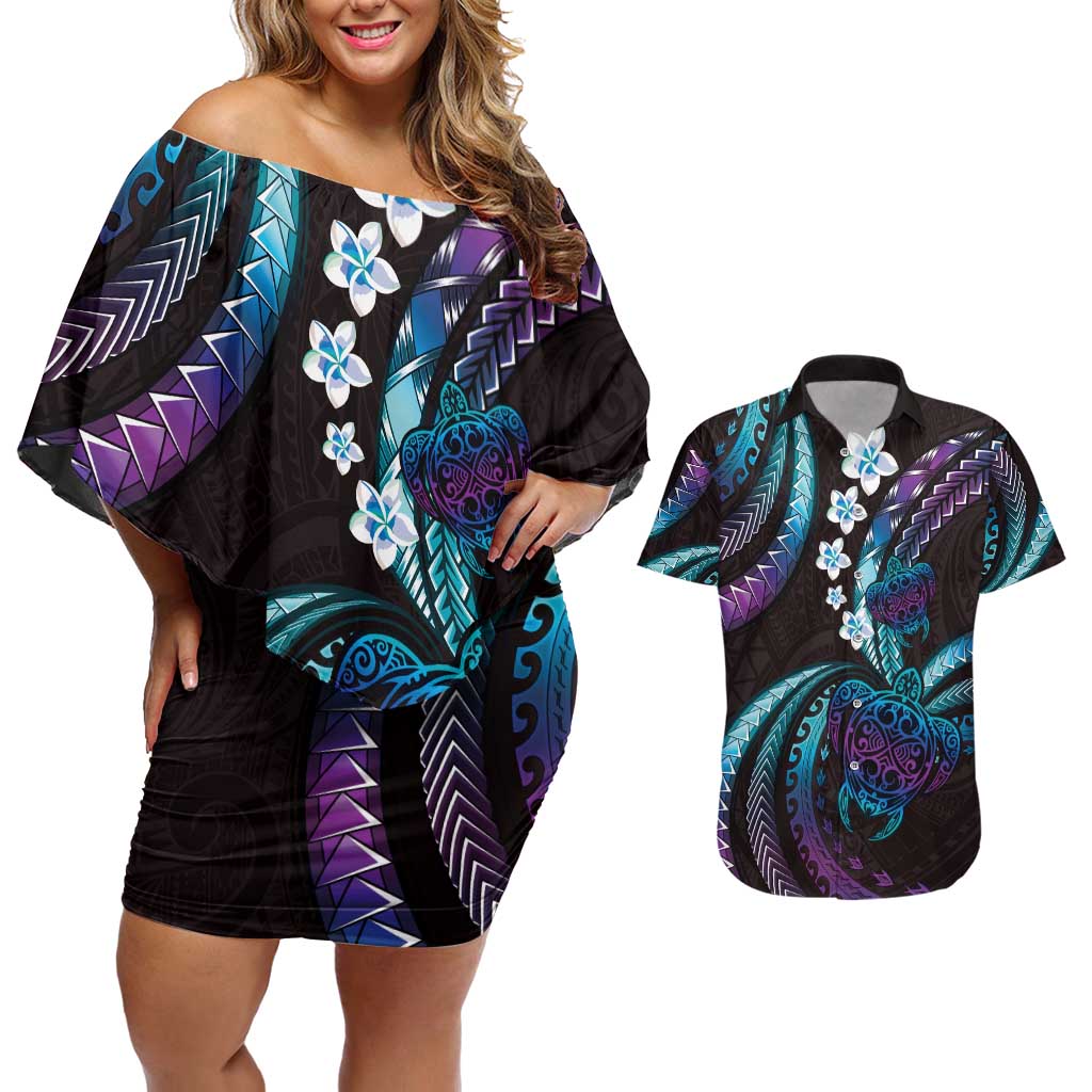Hawaii Turtles Plumeria Couples Matching Off Shoulder Short Dress and Hawaiian Shirt Amethyst Gradient Polynesian Pattern