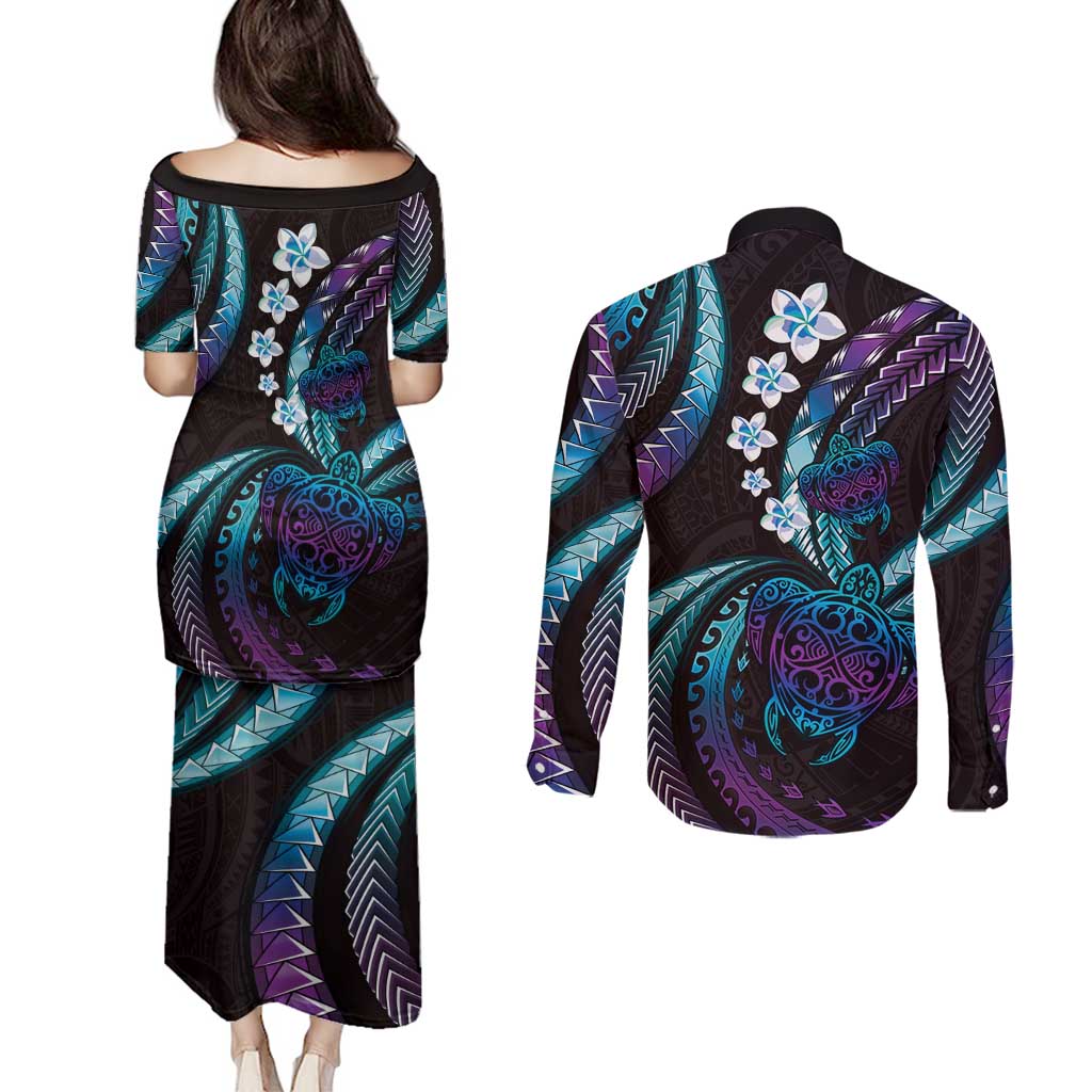 Hawaii Turtles Plumeria Couples Matching Puletasi and Long Sleeve Button Shirt Amethyst Gradient Polynesian Pattern