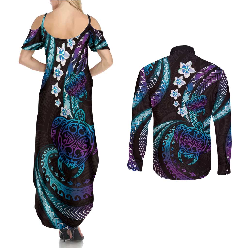 Hawaii Turtles Plumeria Couples Matching Summer Maxi Dress and Long Sleeve Button Shirt Amethyst Gradient Polynesian Pattern