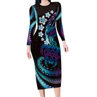 Hawaii Turtles Plumeria Family Matching Long Sleeve Bodycon Dress and Hawaiian Shirt Amethyst Gradient Polynesian Pattern