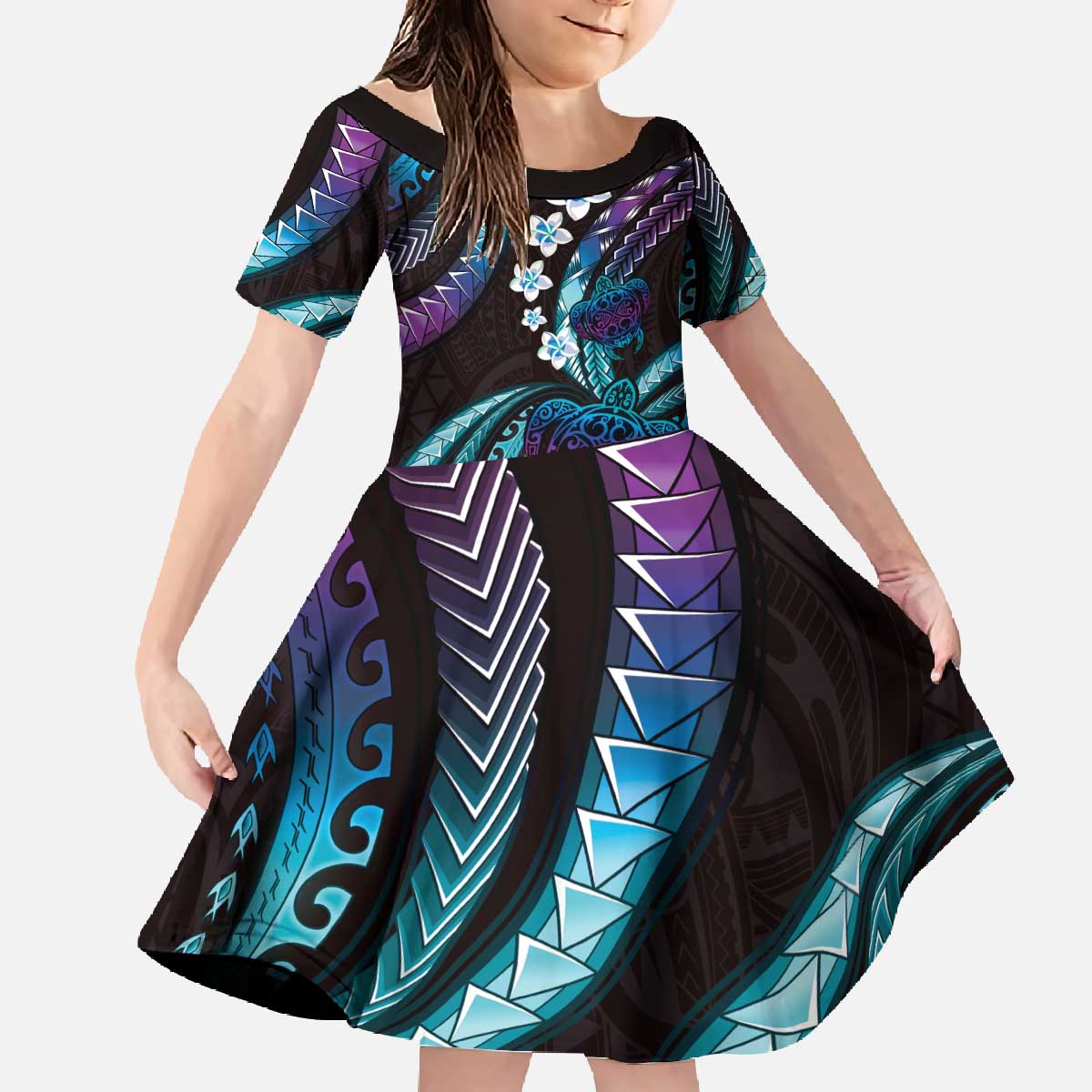 Hawaii Turtles Plumeria Family Matching Off The Shoulder Long Sleeve Dress and Hawaiian Shirt Amethyst Gradient Polynesian Pattern