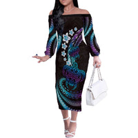 Hawaii Turtles Plumeria Family Matching Off The Shoulder Long Sleeve Dress and Hawaiian Shirt Amethyst Gradient Polynesian Pattern