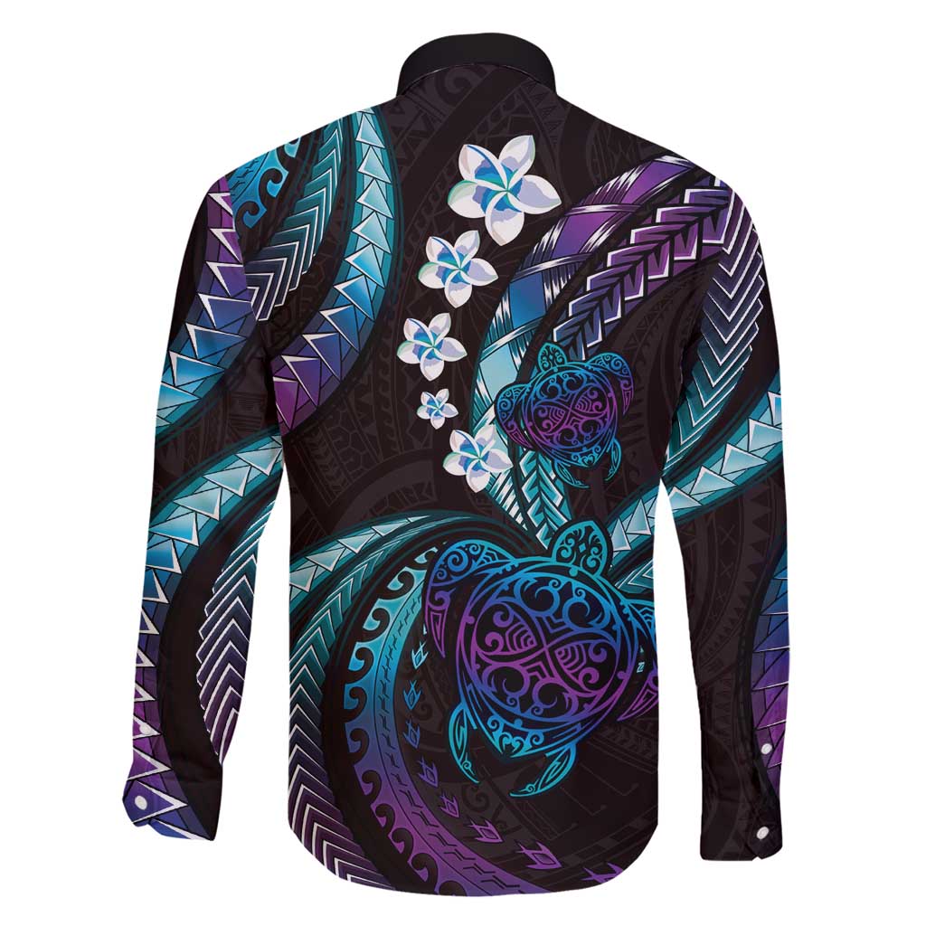 Hawaii Turtles Plumeria Family Matching Off Shoulder Maxi Dress and Hawaiian Shirt Amethyst Gradient Polynesian Pattern