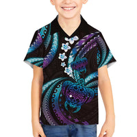 Hawaii Turtles Plumeria Family Matching Off Shoulder Maxi Dress and Hawaiian Shirt Amethyst Gradient Polynesian Pattern