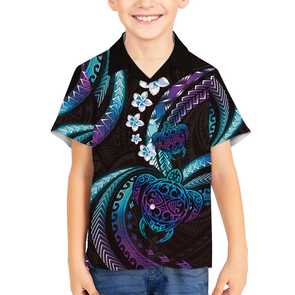 Hawaii Turtles Plumeria Family Matching Off Shoulder Short Dress and Hawaiian Shirt Amethyst Gradient Polynesian Pattern