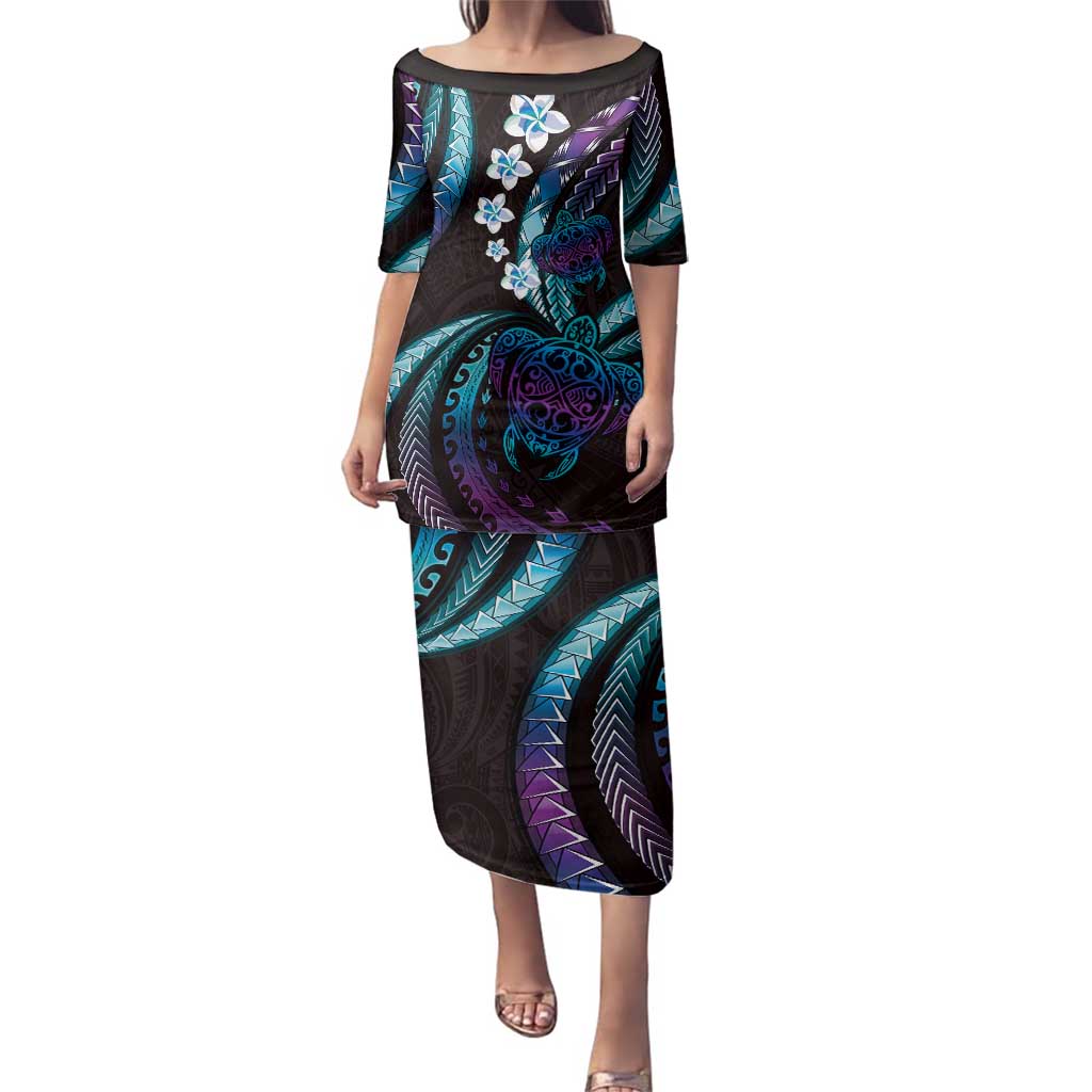 Hawaii Turtles Plumeria Family Matching Puletasi and Hawaiian Shirt Amethyst Gradient Polynesian Pattern
