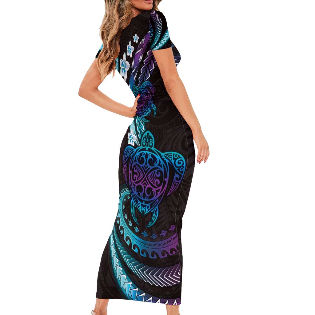 Hawaii Turtles Plumeria Family Matching Short Sleeve Bodycon Dress and Hawaiian Shirt Amethyst Gradient Polynesian Pattern