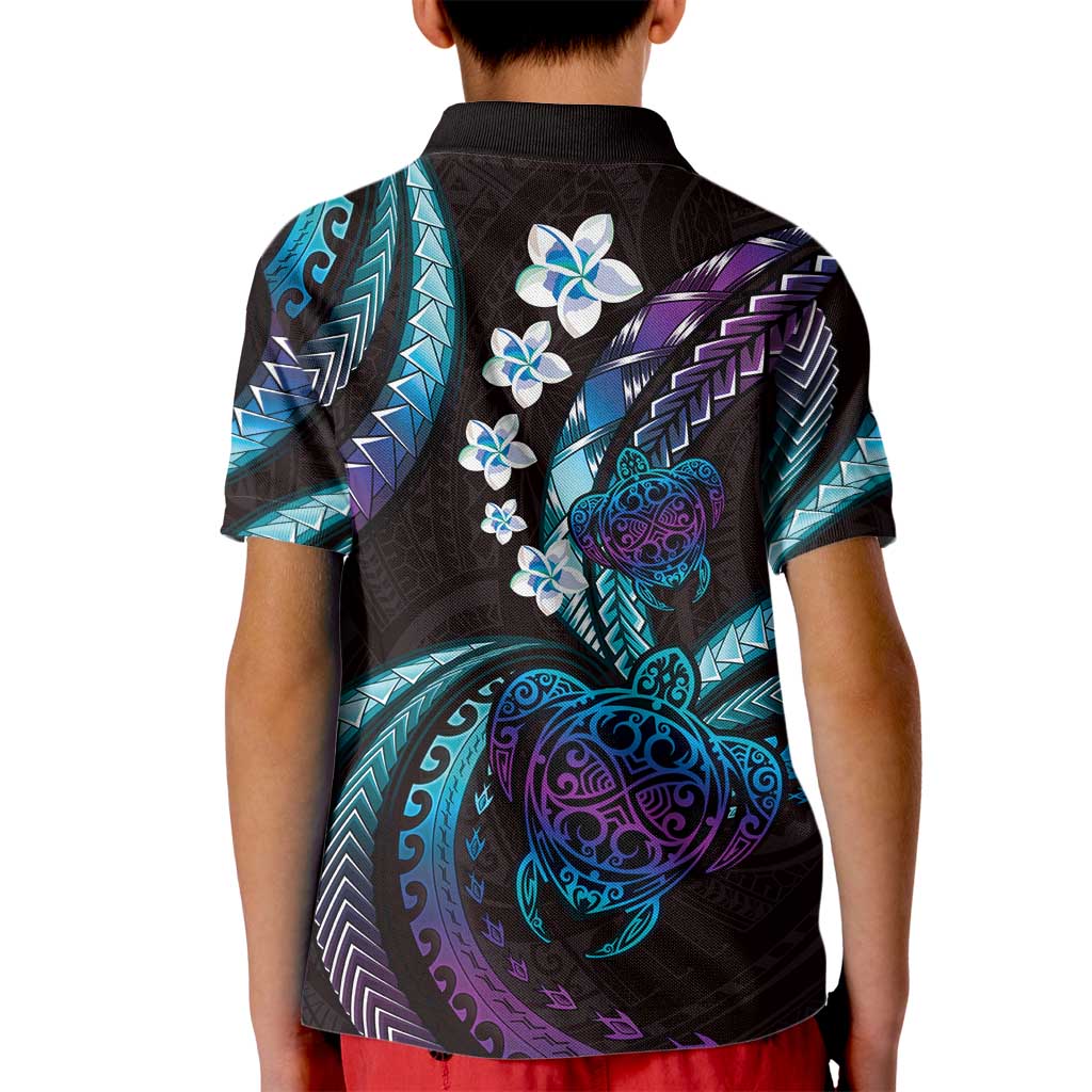 Hawaii Turtles Plumeria Kid Polo Shirt Amethyst Gradient Polynesian Pattern