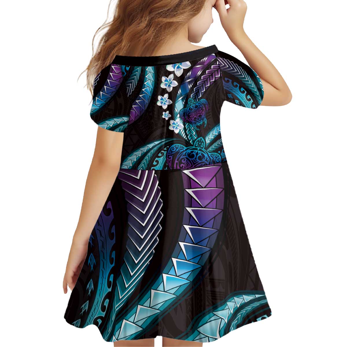 Hawaii Turtles Plumeria Kid Short Sleeve Dress Amethyst Gradient Polynesian Pattern