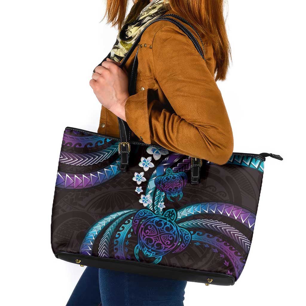 Hawaii Turtles Plumeria Leather Tote Bag Amethyst Gradient Polynesian Pattern