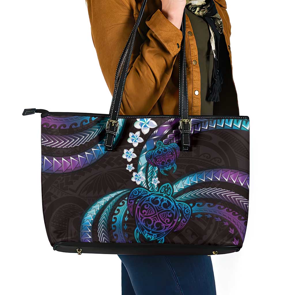 Hawaii Turtles Plumeria Leather Tote Bag Amethyst Gradient Polynesian Pattern