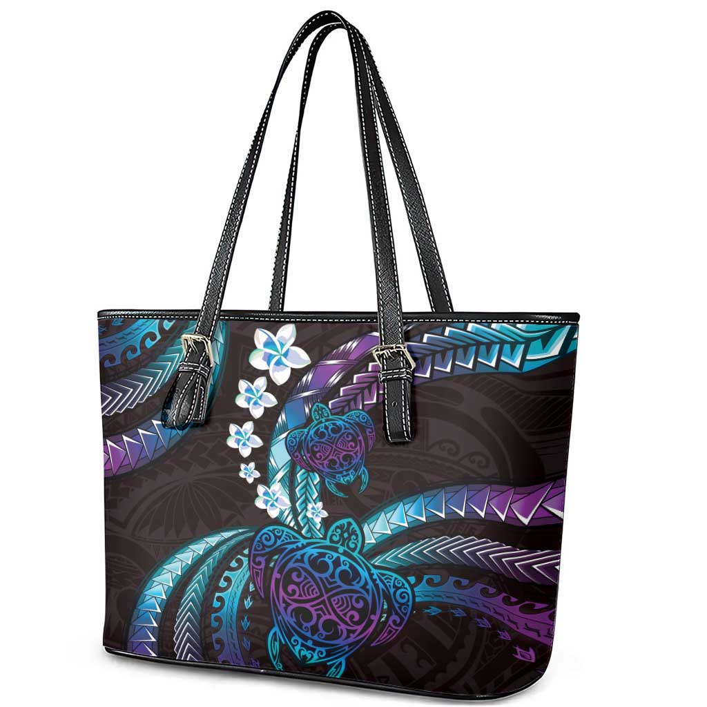 Hawaii Turtles Plumeria Leather Tote Bag Amethyst Gradient Polynesian Pattern