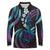 Hawaii Turtles Plumeria Long Sleeve Polo Shirt Amethyst Gradient Polynesian Pattern