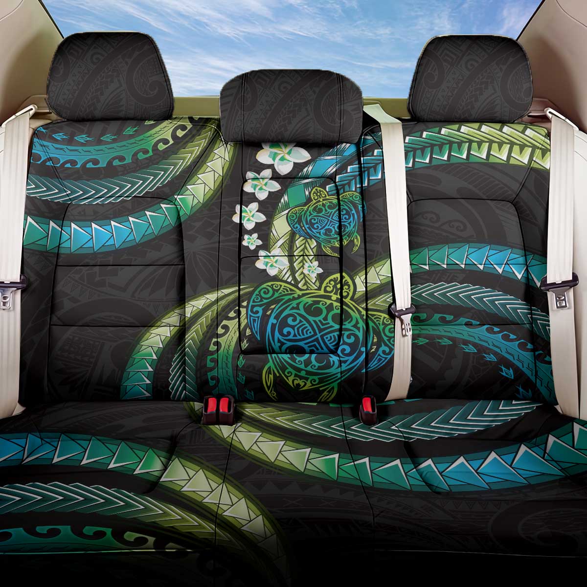 Hawaii Turtles Plumeria Back Car Seat Cover Chartreuse Cyan Polynesian Pattern