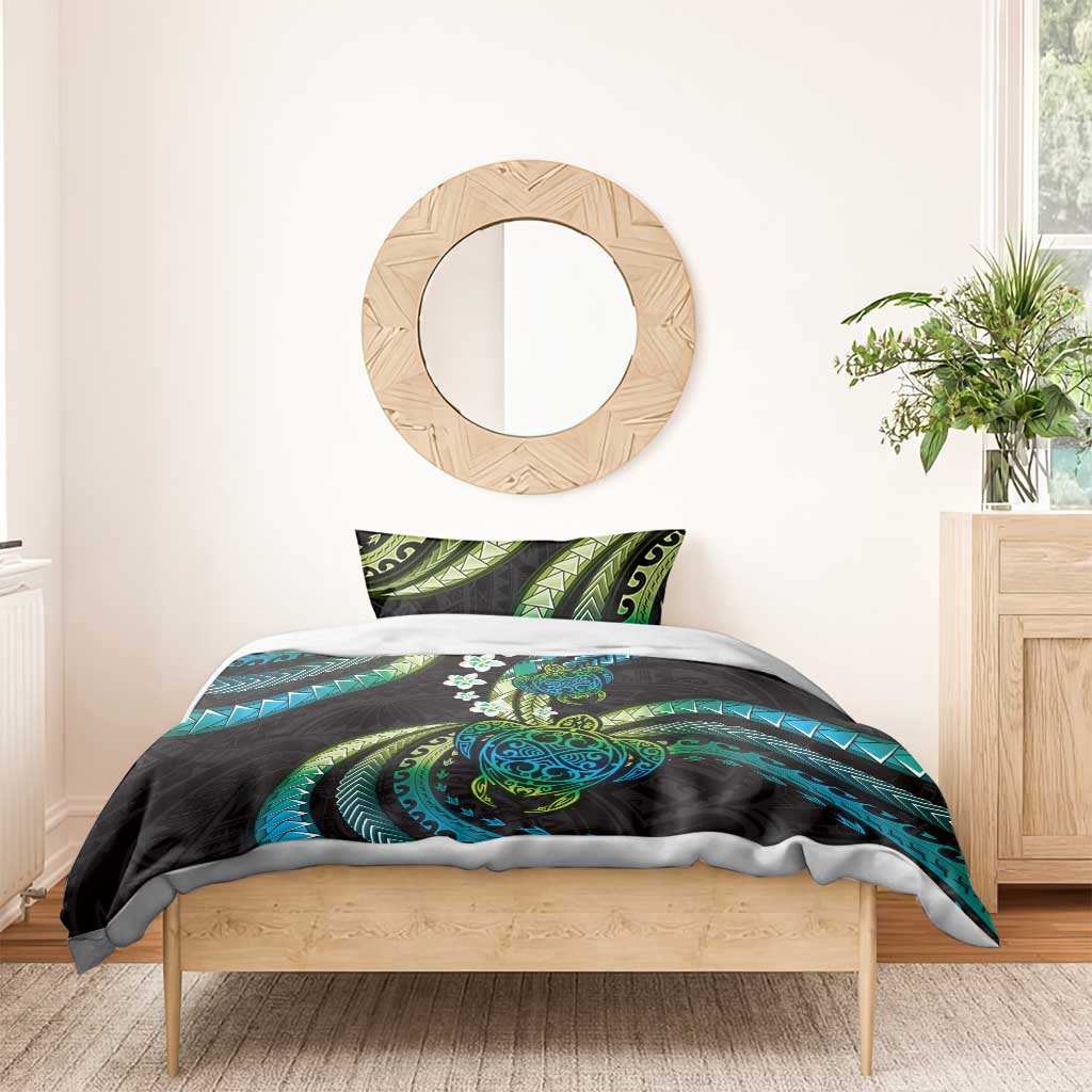 Hawaii Turtles Plumeria Bedding Set Chartreuse Cyan Polynesian Pattern