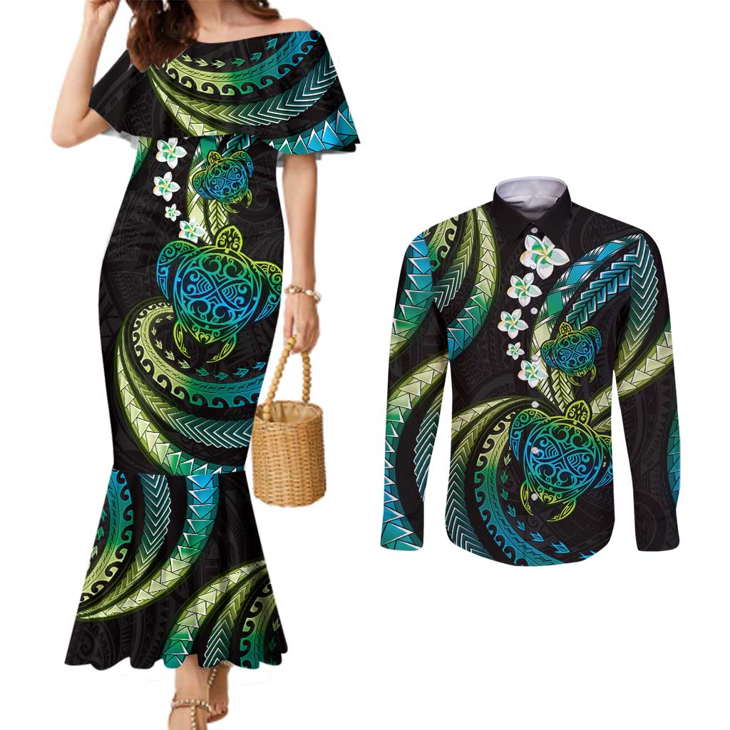 Hawaii Turtles Plumeria Couples Matching Mermaid Dress and Long Sleeve Button Shirt Chartreuse Cyan Polynesian Pattern