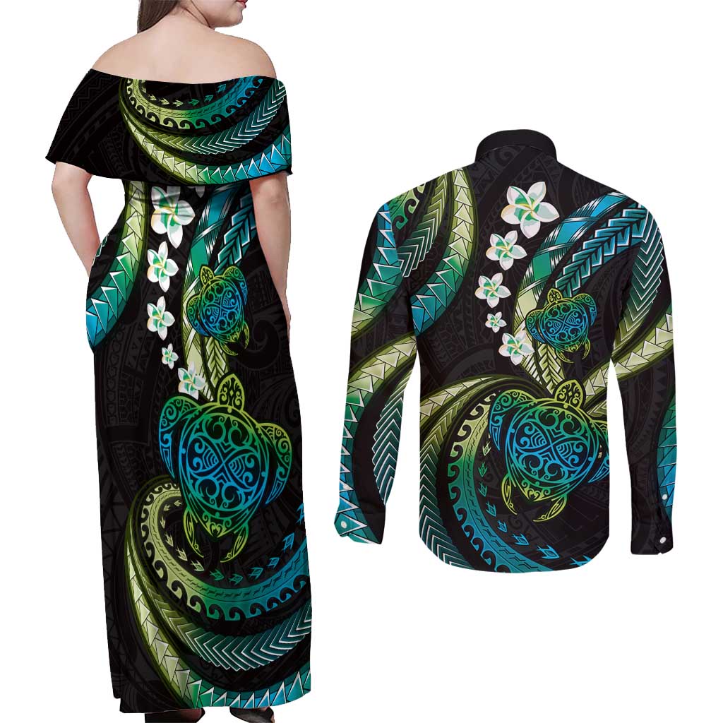 Hawaii Turtles Plumeria Couples Matching Off Shoulder Maxi Dress and Long Sleeve Button Shirt Chartreuse Cyan Polynesian Pattern