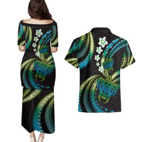 Hawaii Turtles Plumeria Couples Matching Puletasi and Hawaiian Shirt Chartreuse Cyan Polynesian Pattern