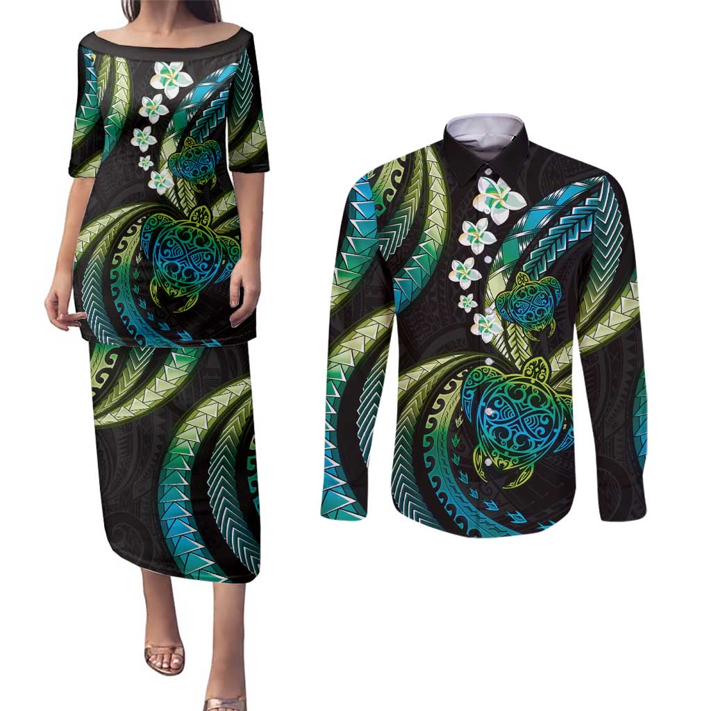 Hawaii Turtles Plumeria Couples Matching Puletasi and Long Sleeve Button Shirt Chartreuse Cyan Polynesian Pattern