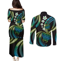 Hawaii Turtles Plumeria Couples Matching Puletasi and Long Sleeve Button Shirt Chartreuse Cyan Polynesian Pattern
