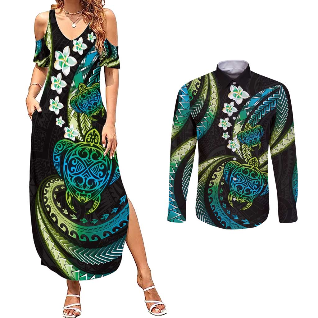 Hawaii Turtles Plumeria Couples Matching Summer Maxi Dress and Long Sleeve Button Shirt Chartreuse Cyan Polynesian Pattern