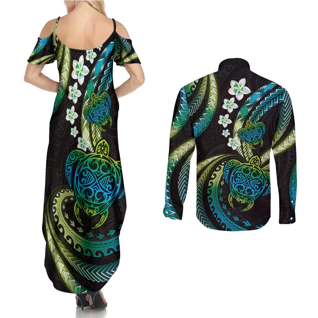 Hawaii Turtles Plumeria Couples Matching Summer Maxi Dress and Long Sleeve Button Shirt Chartreuse Cyan Polynesian Pattern