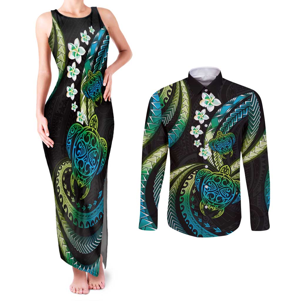 Hawaii Turtles Plumeria Couples Matching Tank Maxi Dress and Long Sleeve Button Shirt Chartreuse Cyan Polynesian Pattern