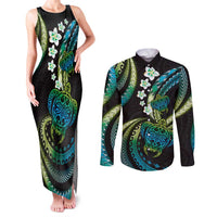 Hawaii Turtles Plumeria Couples Matching Tank Maxi Dress and Long Sleeve Button Shirt Chartreuse Cyan Polynesian Pattern