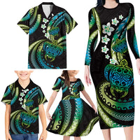 Hawaii Turtles Plumeria Family Matching Long Sleeve Bodycon Dress and Hawaiian Shirt Chartreuse Cyan Polynesian Pattern LT01 - Polynesian Pride