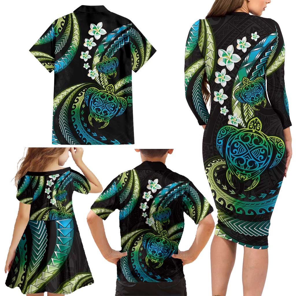 Hawaii Turtles Plumeria Family Matching Long Sleeve Bodycon Dress and Hawaiian Shirt Chartreuse Cyan Polynesian Pattern LT01 - Polynesian Pride