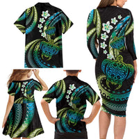 Hawaii Turtles Plumeria Family Matching Long Sleeve Bodycon Dress and Hawaiian Shirt Chartreuse Cyan Polynesian Pattern LT01 - Polynesian Pride