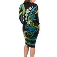 Hawaii Turtles Plumeria Family Matching Long Sleeve Bodycon Dress and Hawaiian Shirt Chartreuse Cyan Polynesian Pattern LT01 - Polynesian Pride