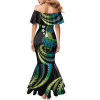 Hawaii Turtles Plumeria Family Matching Mermaid Dress and Hawaiian Shirt Chartreuse Cyan Polynesian Pattern