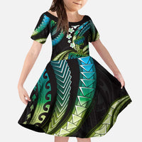 Hawaii Turtles Plumeria Family Matching Off The Shoulder Long Sleeve Dress and Hawaiian Shirt Chartreuse Cyan Polynesian Pattern LT01 Daughter's Dress Cyan - Polynesian Pride