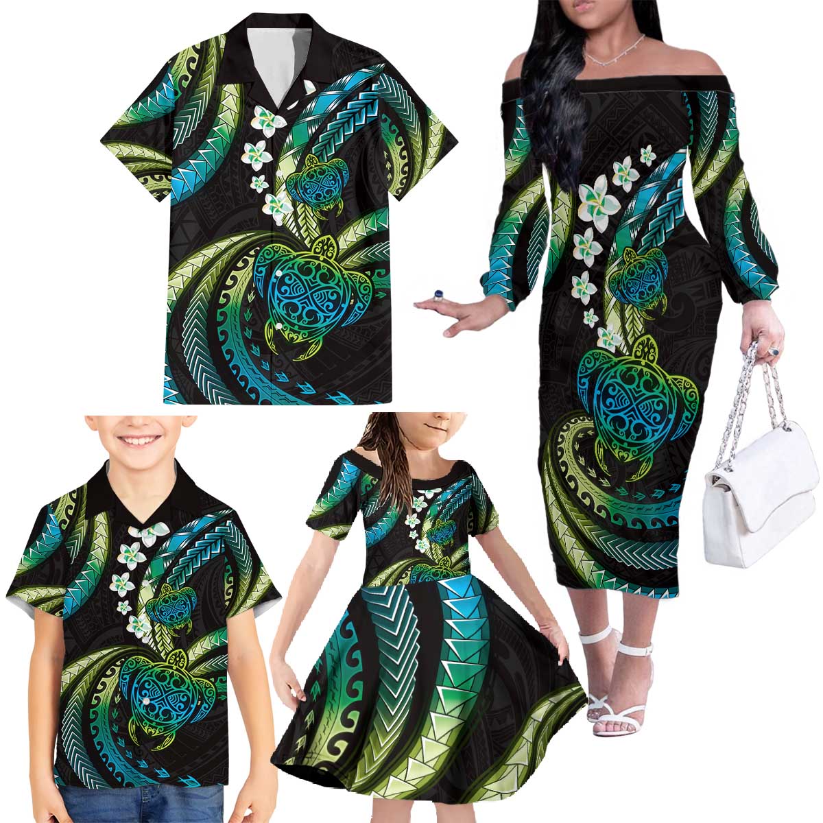 Hawaii Turtles Plumeria Family Matching Off The Shoulder Long Sleeve Dress and Hawaiian Shirt Chartreuse Cyan Polynesian Pattern LT01 - Polynesian Pride