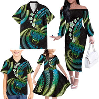 Hawaii Turtles Plumeria Family Matching Off The Shoulder Long Sleeve Dress and Hawaiian Shirt Chartreuse Cyan Polynesian Pattern LT01 - Polynesian Pride
