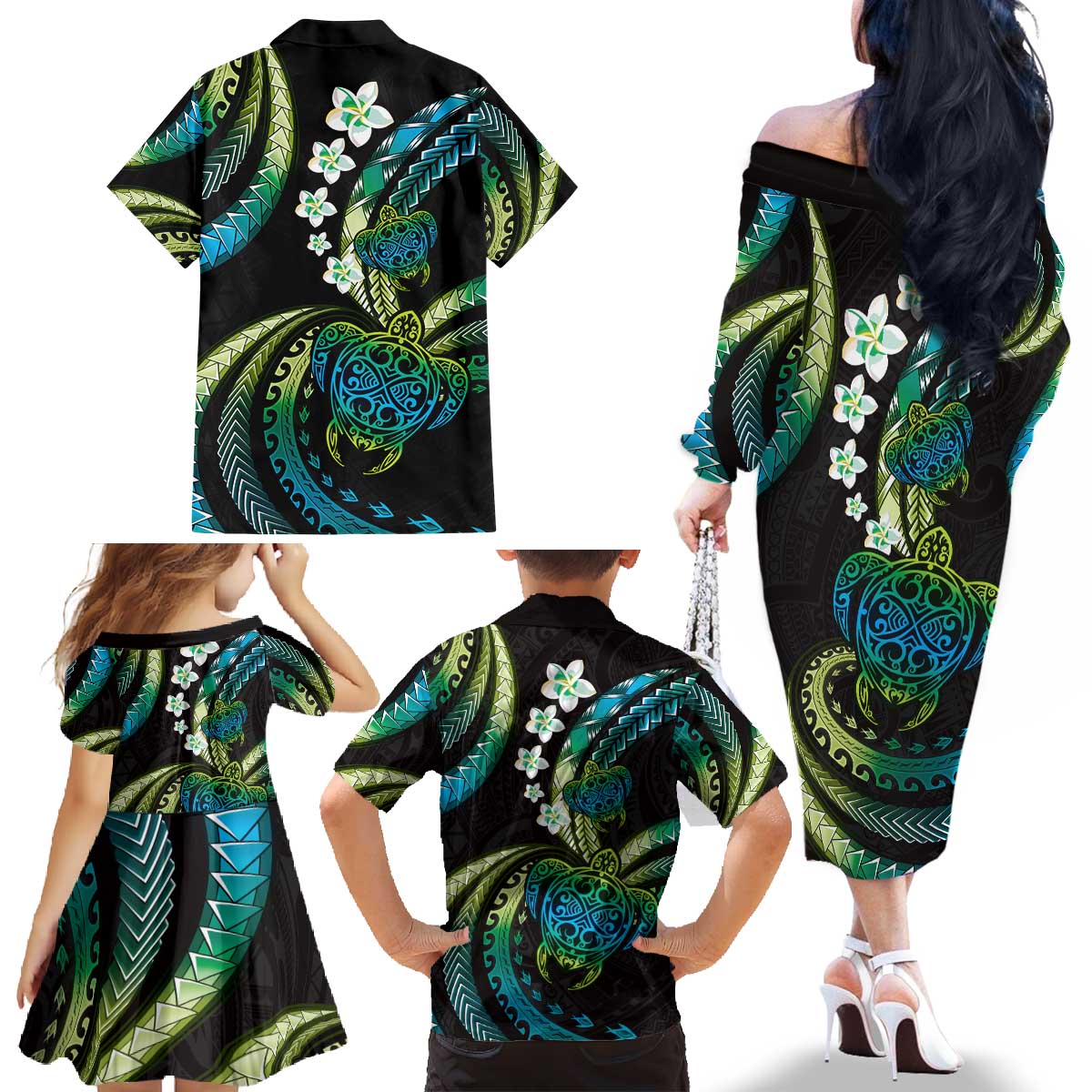 Hawaii Turtles Plumeria Family Matching Off The Shoulder Long Sleeve Dress and Hawaiian Shirt Chartreuse Cyan Polynesian Pattern LT01 - Polynesian Pride