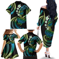 Hawaii Turtles Plumeria Family Matching Off The Shoulder Long Sleeve Dress and Hawaiian Shirt Chartreuse Cyan Polynesian Pattern LT01 - Polynesian Pride