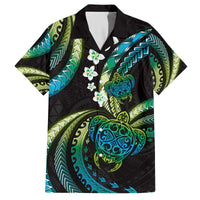 Hawaii Turtles Plumeria Family Matching Off The Shoulder Long Sleeve Dress and Hawaiian Shirt Chartreuse Cyan Polynesian Pattern LT01 Dad's Shirt - Short Sleeve Cyan - Polynesian Pride