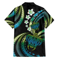 Hawaii Turtles Plumeria Family Matching Off The Shoulder Long Sleeve Dress and Hawaiian Shirt Chartreuse Cyan Polynesian Pattern LT01 - Polynesian Pride