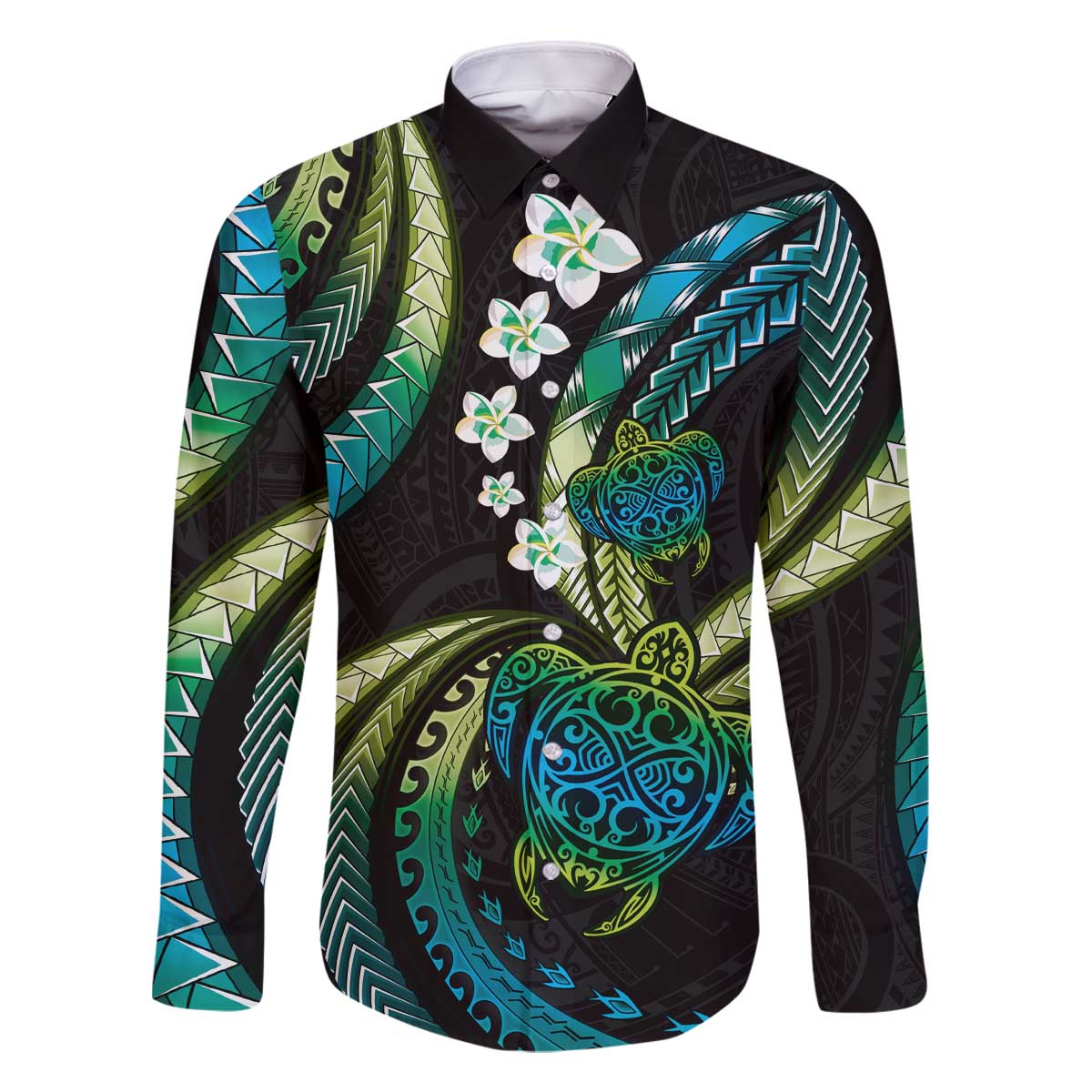 Hawaii Turtles Plumeria Family Matching Off The Shoulder Long Sleeve Dress and Hawaiian Shirt Chartreuse Cyan Polynesian Pattern LT01 Dad's Shirt - Long Sleeve Cyan - Polynesian Pride