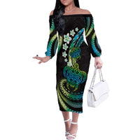Hawaii Turtles Plumeria Family Matching Off The Shoulder Long Sleeve Dress and Hawaiian Shirt Chartreuse Cyan Polynesian Pattern LT01 Mom's Dress Cyan - Polynesian Pride