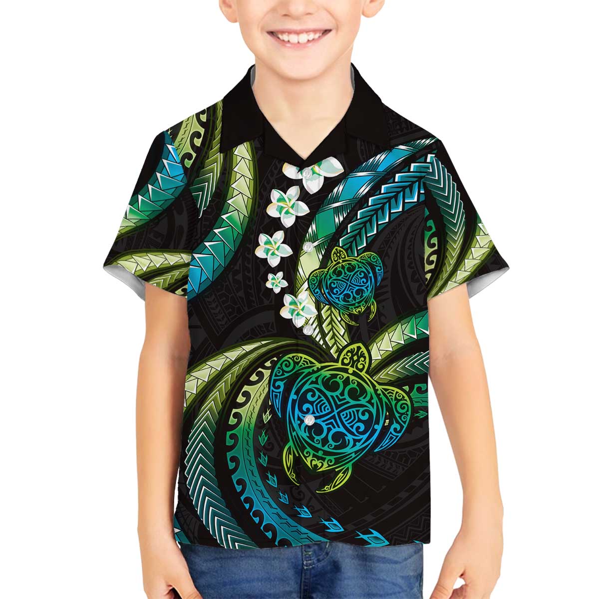 Hawaii Turtles Plumeria Family Matching Off The Shoulder Long Sleeve Dress and Hawaiian Shirt Chartreuse Cyan Polynesian Pattern LT01 Son's Shirt Cyan - Polynesian Pride