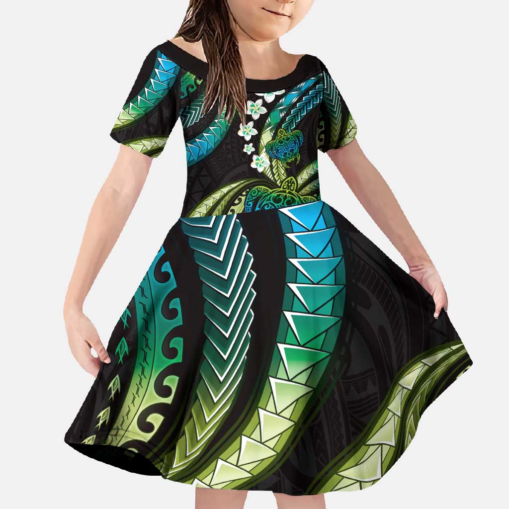Hawaii Turtles Plumeria Family Matching Off Shoulder Maxi Dress and Hawaiian Shirt Chartreuse Cyan Polynesian Pattern
